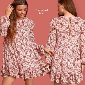🌹 FREE PEOPLE THESE DREAMS RED FLORAL PLEATED LONG SLEEVE MINI DRESS LARGE